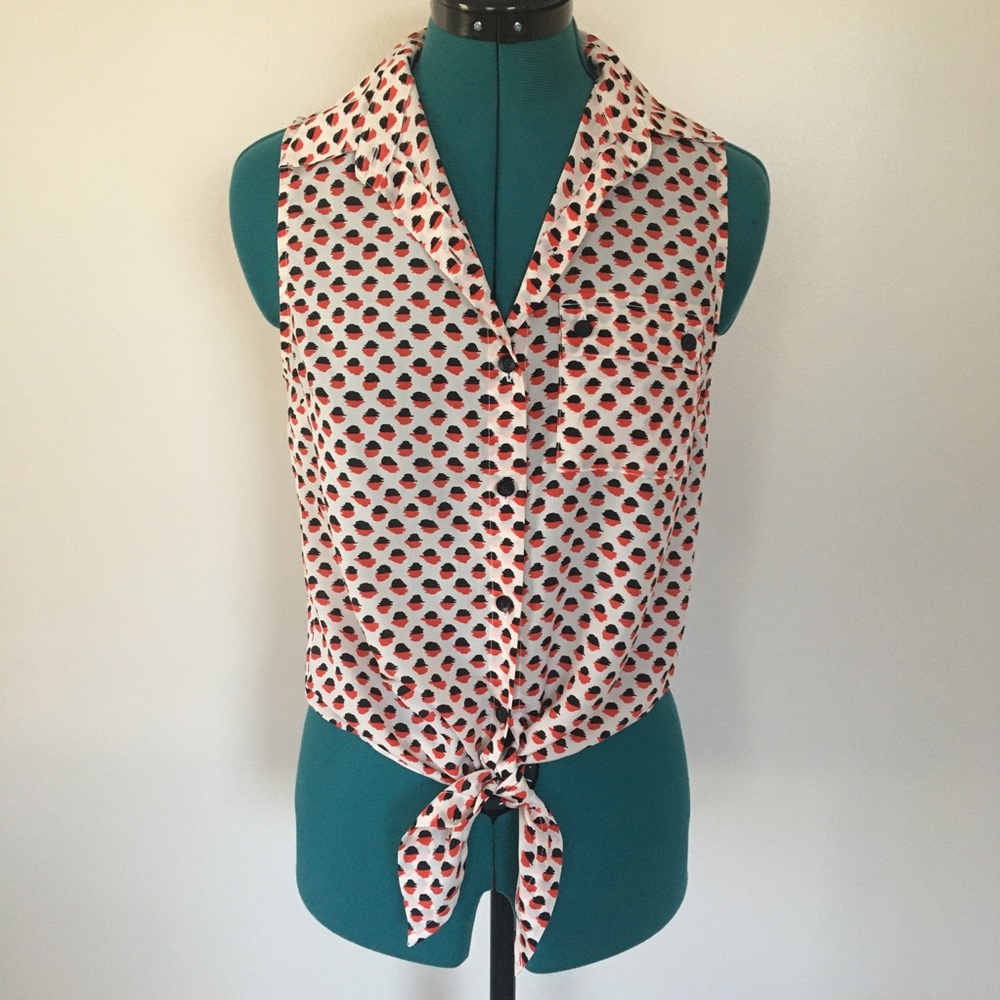 Red And Black Pattern Tie Front Button Down Shirt - image 1